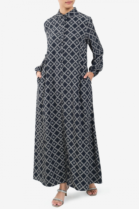 Frani Front Button Dress - Black/Sage Print