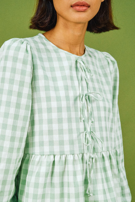 Sarafina Gathered Waist Blouse - Mint Checkered