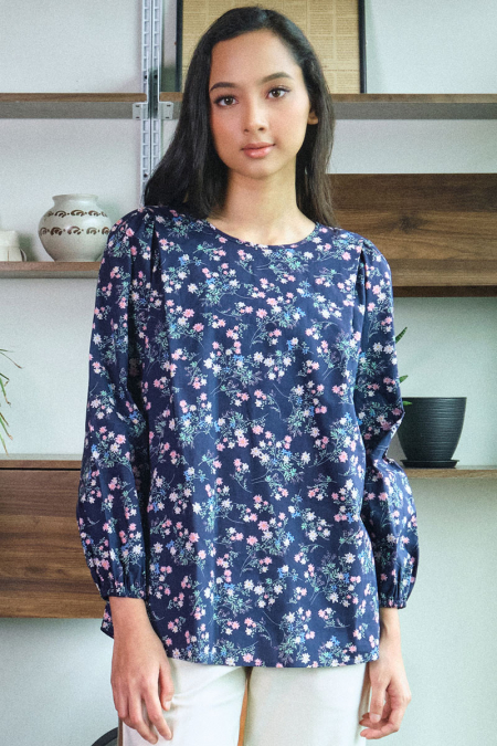 Linayah Flared Blouse - Navy Bouquet