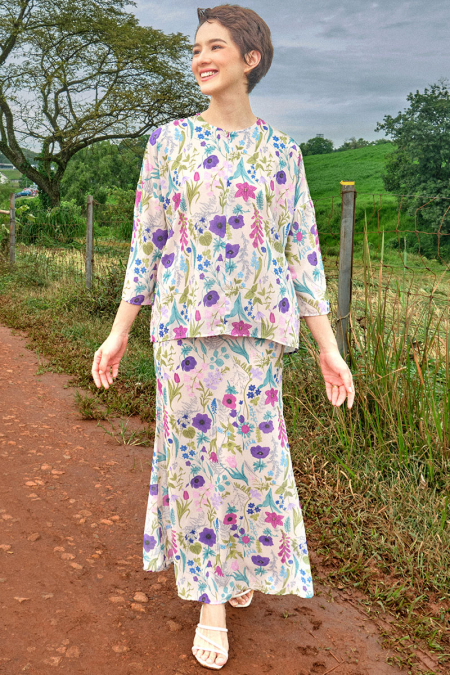 Sentosa Blouse & Skirt - Beige/Purple Fleur