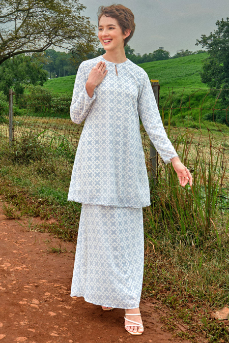 Duyong Blouse & Skirt - Soft Blue Geometric