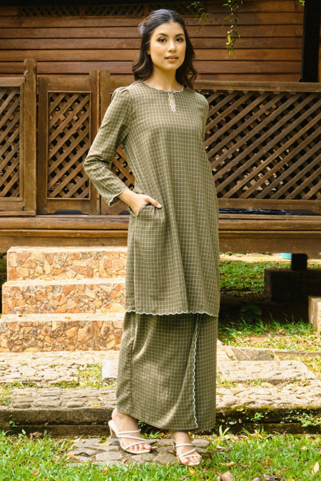 COTTON Norisa Blouse & Skirt - Olive Check