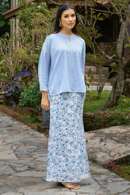 COTTON Sariyah Blouse & Skirt - Blue Check/Blue Floral