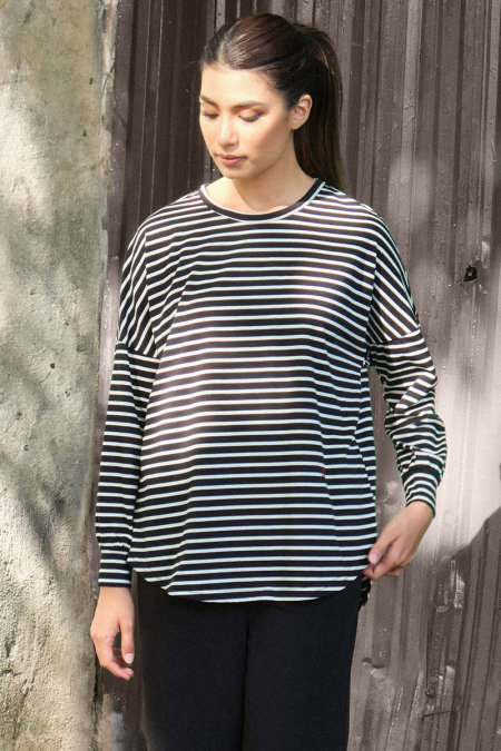 Stadium Drop Shoulder Stripe Tee - Black/White Lines