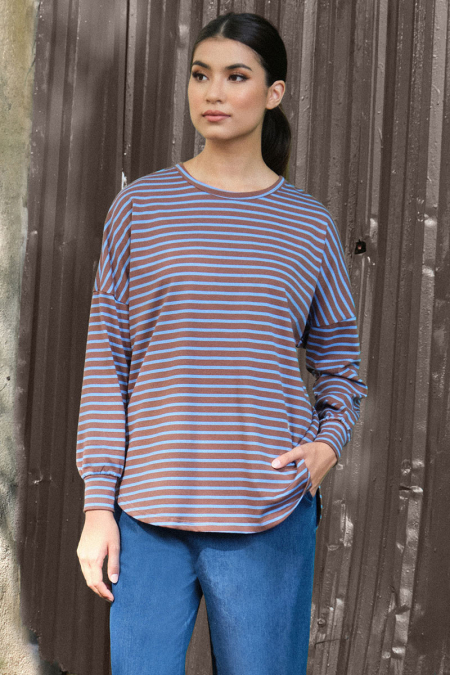 Stadium Drop Shoulder Stripe Tee - Brown/Blue Lines