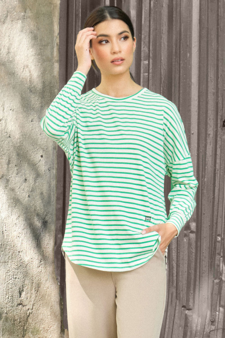 Stadium Drop Shoulder Stripe Tee - White/Green Lines