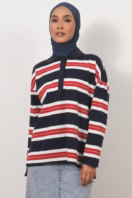 Rowe Drop Shoulder Polo Top - Navy Stripe